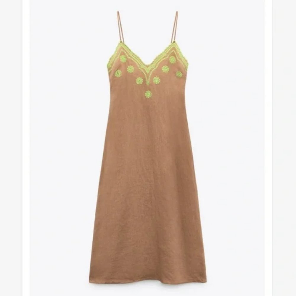 NWT Zara Embroidered Linen Slip Midi Dress size S